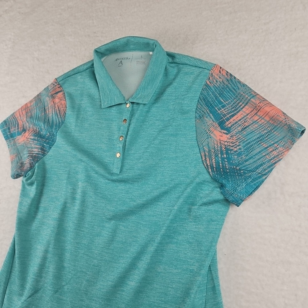 Antigua Womens Golf Button Polo Sz L Polyester Pink Teal Blue Palm Leaf Print